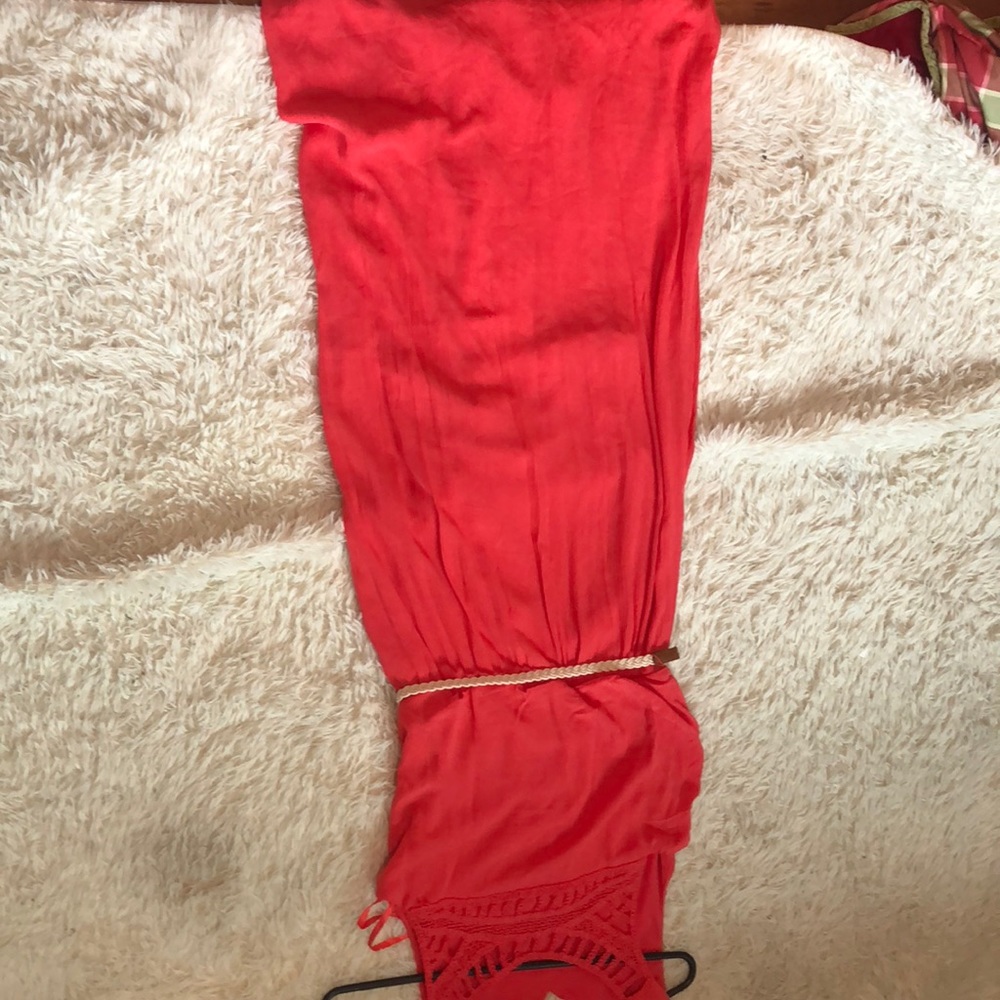 Orange dress with belt and cool designed top